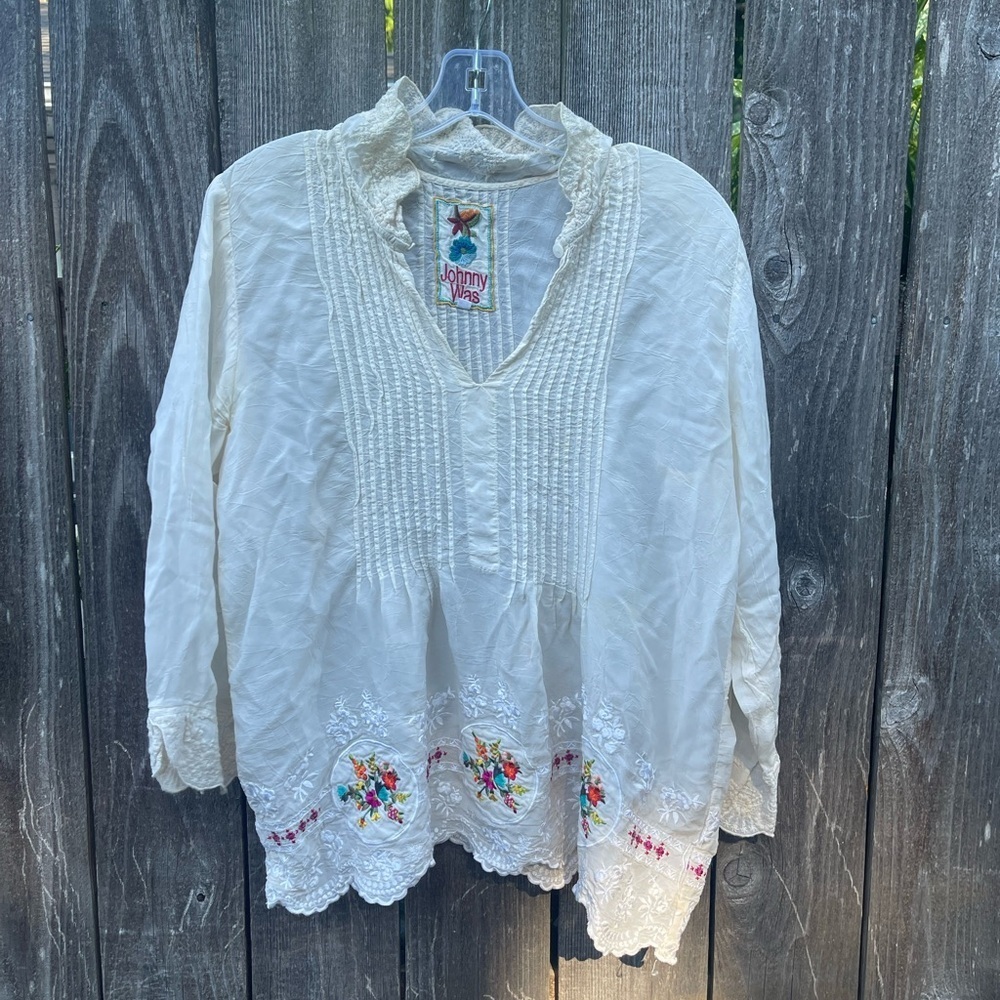 Johnny Was Cream Ruffled Bib Collar Tunic